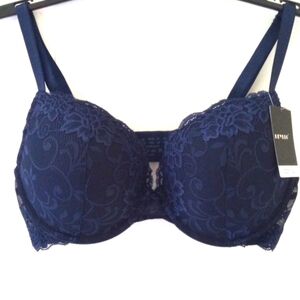 DEYLLO NAVY BLUE LACE PUSH UP SATIN TRIM SOFT UNDERWIRE BRA SIZE 36D NWT
